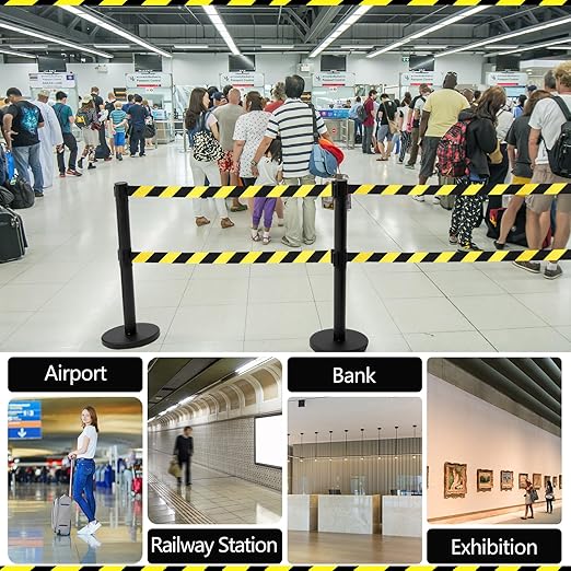 Therwen 12 Pcs Double Retractable Belt Barrier with Stanchion Dual Retractable Safety Belt Heavy Duty Crowd Control Stanchions Stainless Steel Post Holder Safety Barrier Stand (16.4 ft,Black)