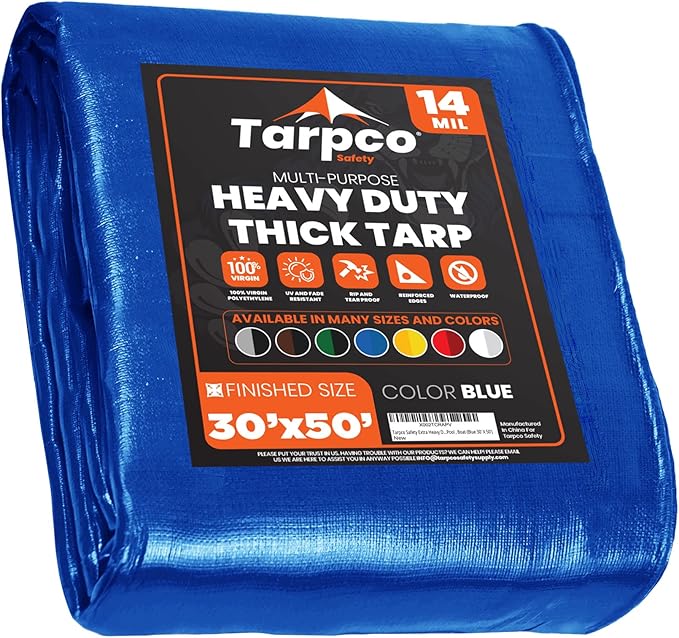 Tarpco Safety Extra Heavy Duty 14 Mil Tarp Cover, Waterproof, UV Resistant, Rip and Tear Proof, Poly Tarpaulin with Reinforced Edges for Roof, Camping, Patio, Pool, Boat (Blue 30′ X 50′)