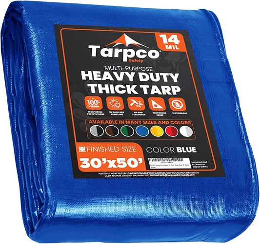 Tarpco Safety Extra Heavy Duty 14 Mil Tarp Cover, Waterproof, UV Resistant, Rip and Tear Proof, Poly Tarpaulin with Reinforced Edges for Roof, Camping, Patio, Pool, Boat (Blue 30′ X 50′)