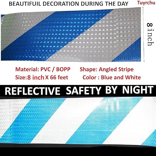 Industrial Reflective Tape Blue White 8 inch Wide, Outdoor Waterproof High Visibility Safety Warning Adhesive Strips (66 feet)