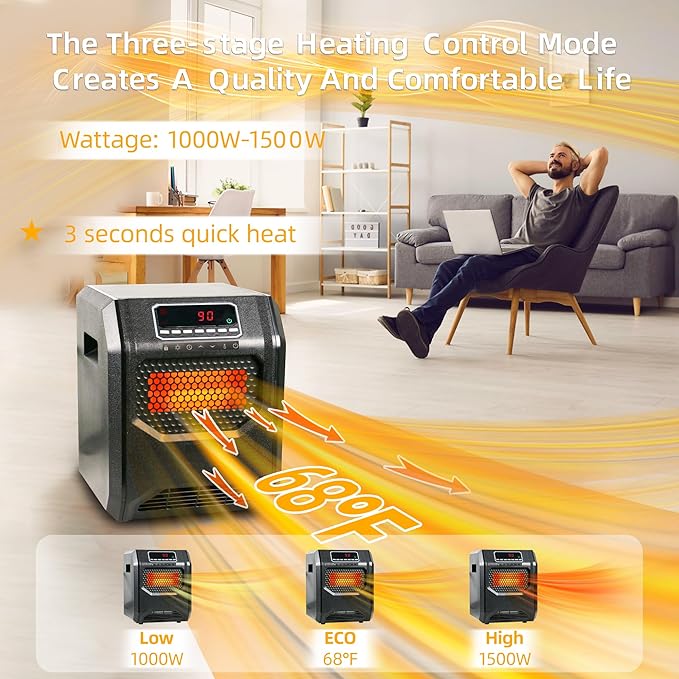 Quartz Space Heater for Indoor Use RealSmart 1500W Electric Heater Remote Control Infrared Heater Office Large Room 3 Heating Modes LED Display Overheat Tip Over Protection