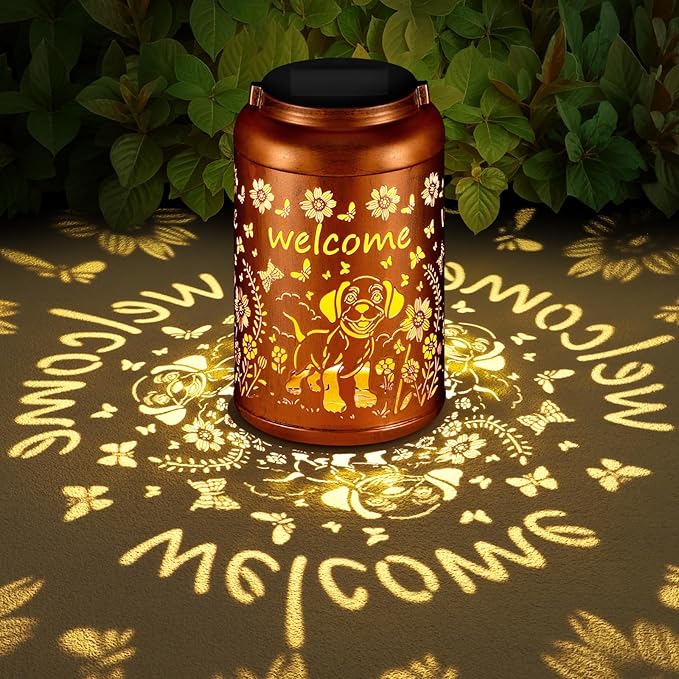 Solar Lantern Outdoor Hanging Waterproof Outside Metal Openwork Hummingbird Pattern Birthday Gifts for Women Mom Landscape Lights for Porch Garden Yard Patio Pathway Decor(Dogs)
