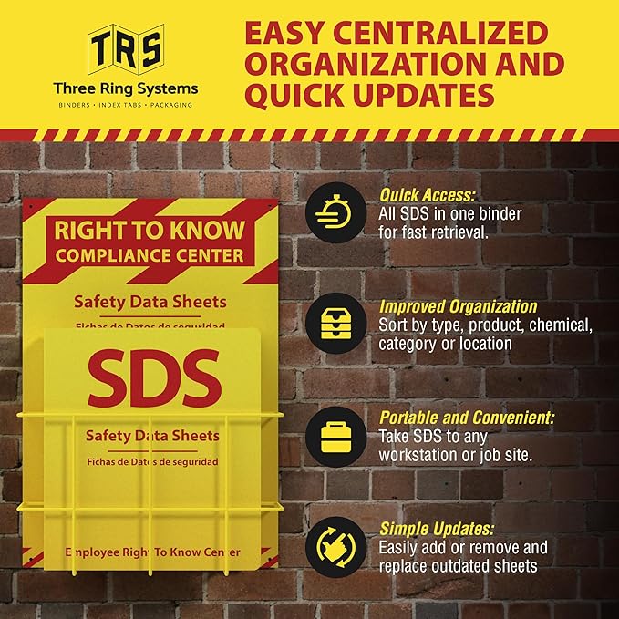 OSHA-Compliant SDS/MSDS Binder with Wall Mount, 2inch 3-Ring, High-Visibility Yellow & Red, Holds up to 400 Sheets, Bilingual (English/Spanish), Durable & Easy to Install for Workplace Safety