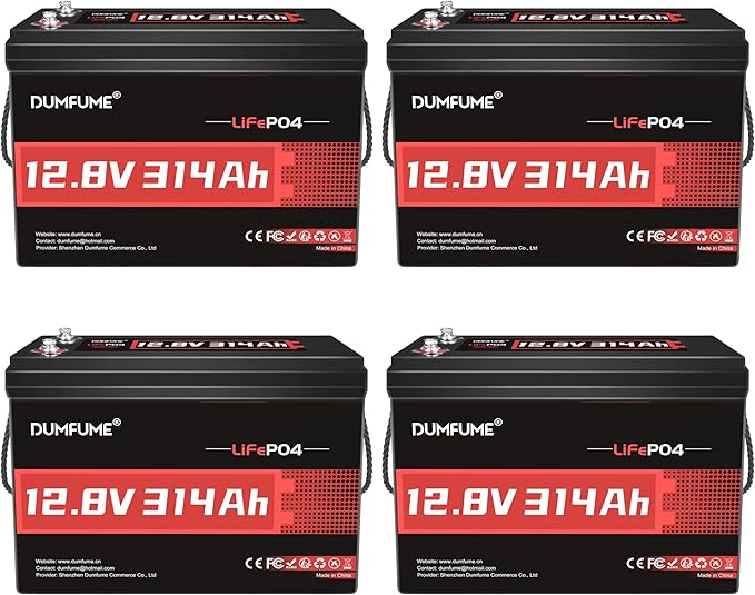 4 Pack of 12V 314Ah LiFePO4 Lithium Batteries, 200A BMS 15000+ Cycles,Low Temp Cutoff,4.01kWh for Massive Solar, Off-Grid & RV Power System