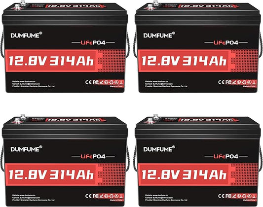 4 Pack of 12V 314Ah LiFePO4 Lithium Batteries, 200A BMS 15000+ Cycles,Low Temp Cutoff,4.01kWh for Massive Solar, Off-Grid & RV Power System