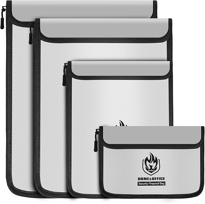 Andyer 4 Pack Fireproof Document Bags, Waterproof Document Pouch Holder with Zipper, Fire Proof Money Bag for Cash, Fireproof Envelope Fire Safe Bag, Fire Resistant Storage for Legal/A4 Size (Gray)