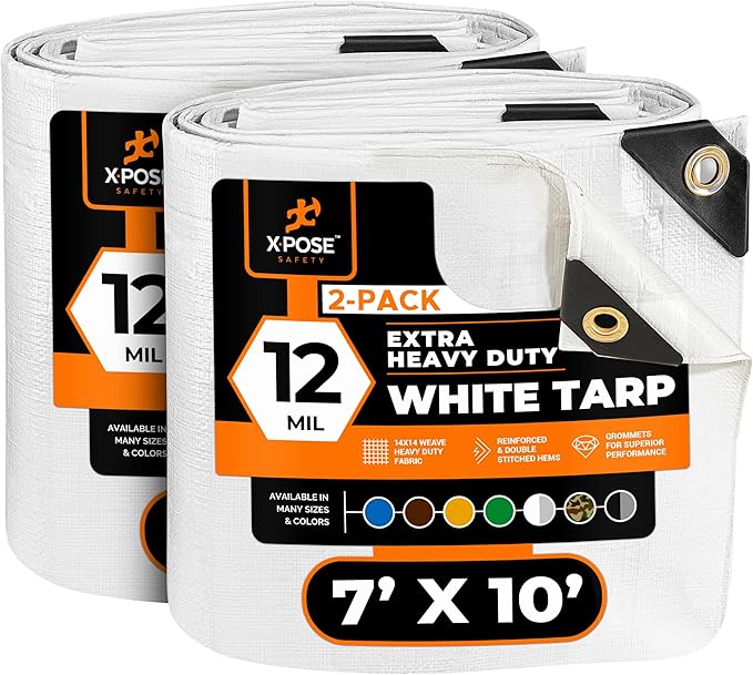 Heavy Duty White Poly Tarp 7' X 10' (2-Pack) - Multipurpose Protective Cover - Durable, Waterproof, Weather Proof, Rip and Tear Resistant - Extra Thick 12 Mil Polyethylene - by Xpose Safety