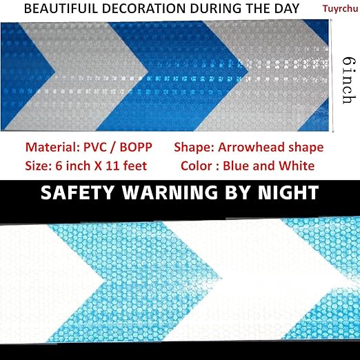 Reflective Tape Blue and White 6 inch, Outdoor Waterproof Hazard Conspicuity Warning Industrial Marking Tape (11 feet)