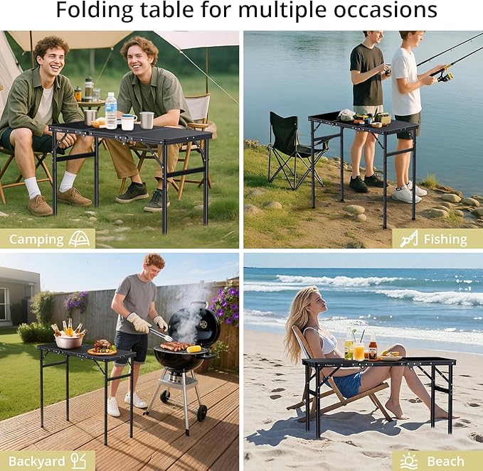 Anbte 3ft Tri-fold Camping Table Max 29.5", 3 Adjustable Heights Aluminum Folding Camping Table with Storage Bag, Lightweight, Portable Handle for Travel Outdoor Beach Picnic, 35" x 16", Black
