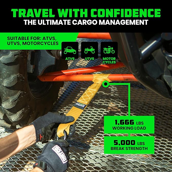 Rhino USA Soft Loop Tie Down Straps (4-Pack) - 1.6 Inch x 17 Inch (5,000 lbs Break Strength) Heavy Duty Motorcycle Handlebar Straps for use with Ratchets for ATV, UTV, Dirt Bike (Yellow)