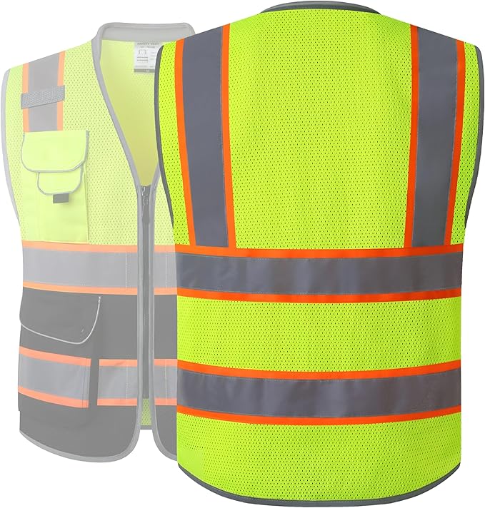 JKSafety 9 Pockets Class 2 Hi-Vis Safety Vest High Visibility Reflecitive Mesh Safety Vests for Men and Women Cushioned Collar Work Utility PPE Work Gear ANSI/ISEA compliant (101-YBlack 3XL)