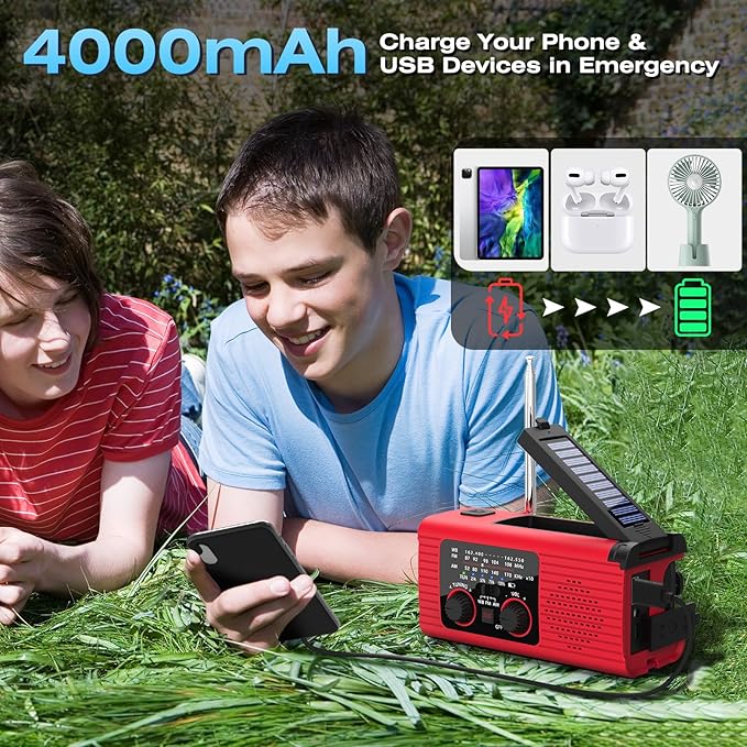 Emergency Weather Radio NOAA AM FM WB with 4000mAh Rechargeable Radio, USB Solar Hand Crank Charging, Flashlight, SOS Alarm, Reading Lamp Portable for Outdoor Indoor Emergencies, 2 Pack