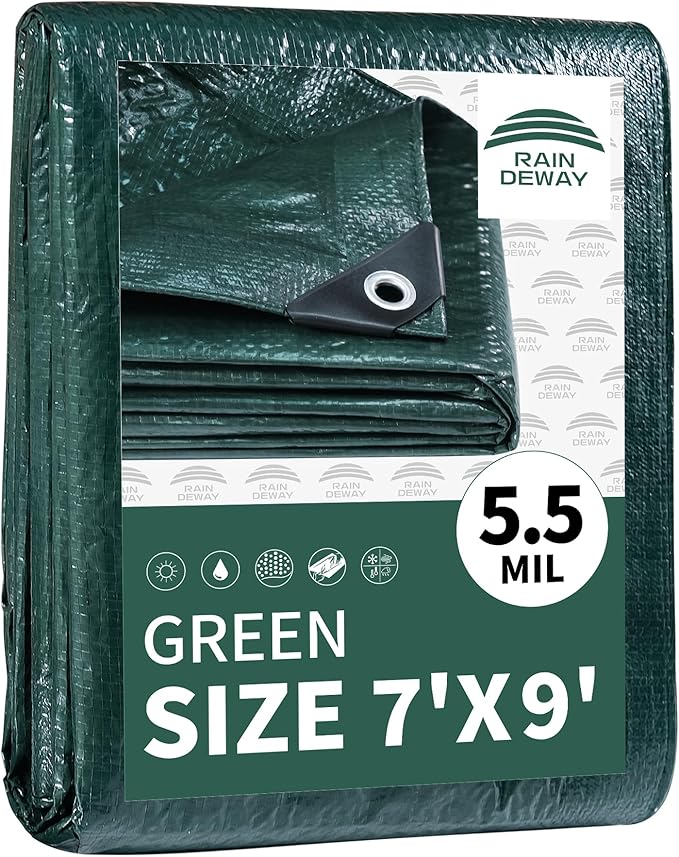 RAINDEWAY Tarps 7x9 Feet,Small Tarp Waterproof,5.5 Mil Thick, Multipurpose Waterproof Poly Tarp Cover with Metal Grommets and Reinforced Edges,Green Tarps