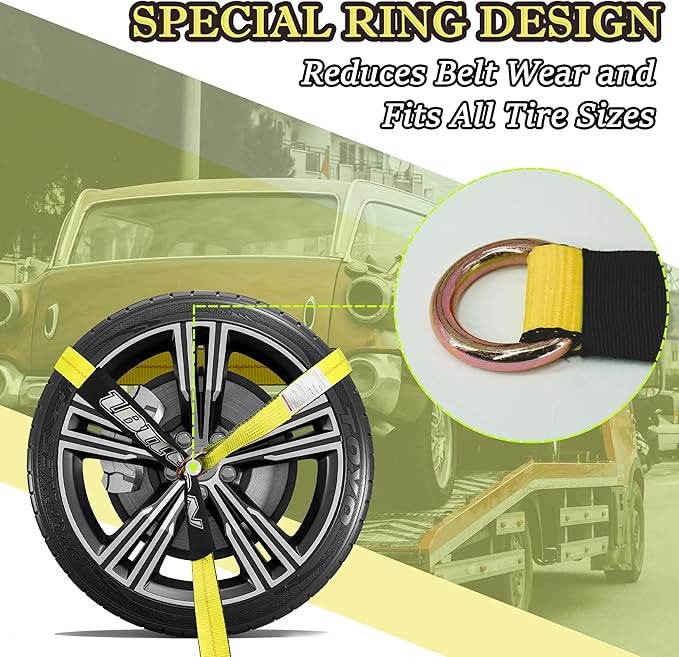 4 Pack Car Tie Down Straps for Trailers with Heavy Duty Chain Anchors 2" x 96" - 3,300 lbs Safe Working Load -Adjustable Wheel Straps with Chain Hook Anchors for Trailers.Yellow