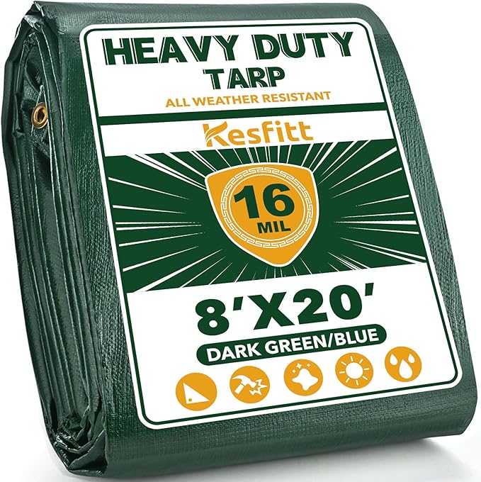 Kesfitt Tarp Heavy Duty Waterproof 8x20FT,16 Mil Thick Tarps Tear&Fade Resistant,UV Resistant,Poly Tarp Cover with Grommets and Reinforced Edges for Outdoor Camping Pools Boat Car(Green/Blue)