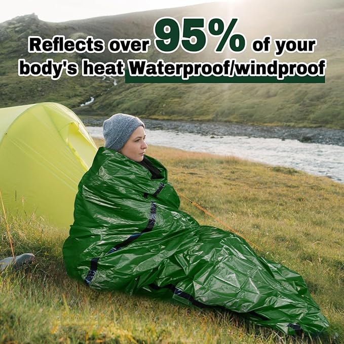 Survival kit 4 Pack, 1 Emergency Tent 1 Emergency Sleeping Bag 1 Mylar Blankets 1 Poncho with 4 Tac Bags for Outdoor Carcar Kits, Camping, Hiking Reuse Emergency Shelter.