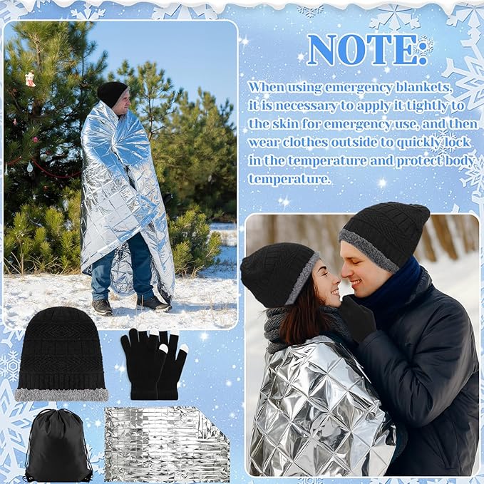 Geyoga 120 Pcs Charity Donation Homeless Care Supplies Bulk Winter Beanie Emergency Blanket Touchscreen Glove Drawstring Bags