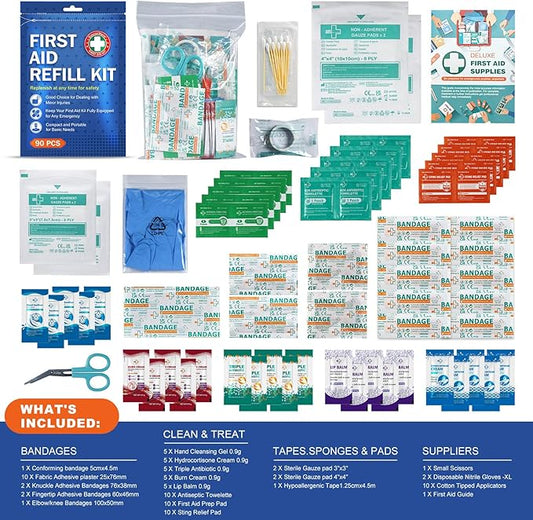 90 Pieces First Aid Refill Kit - Wound Care Kit Includes Bandages for Home, Travel, Hiking - Portable Replacement Kit for First Aid Medical Supplies（2 Set）