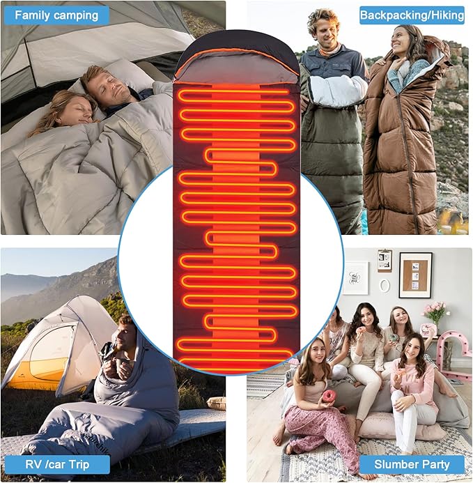 Heated Sleeping Bag for Adults, Electric Warm Bag with 3 Adjustable Heating Levels, USB Powered Heating Pads Adjustable Hood, 0 Degree Sleeping Bag Keep Warm for Cold Weather Camping Outdoor Hiking
