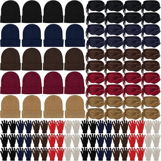 Unittype 300 Pcs Winter Homeless Care Supplies Bulk - Beanies Caps Gloves Scarves Set for Community Charity Church Donation