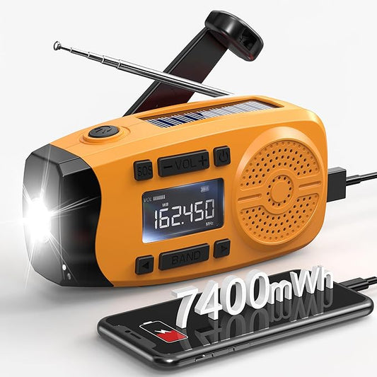 Emergency Hand Crank Radio with SOS Alarm for Emergency, AM/FM NOAA Portable Weather Radio with 7400mWh Power Bank Phone Charger, USB Charged & Solar Power for Hurricane, Emergency
