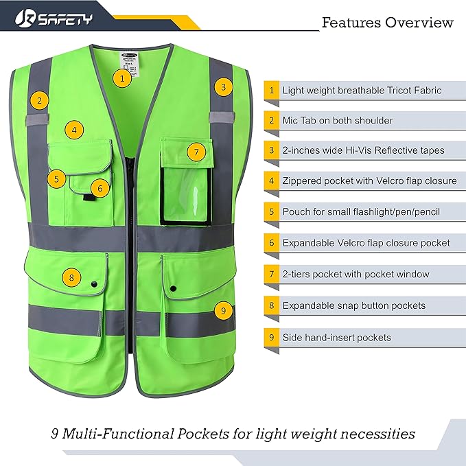 JKSafety 9 Pockets Class 2 High Visibility Zipper Front Safety Vest With Reflective Strips, Meets ANSI/ISEA Standards (150-Green, 4X-Large)
