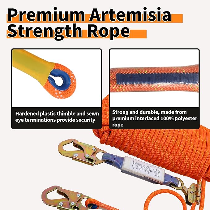 Fall Protection Safety Rope 150ft Heavy Duty Vertical Roofing Grab Snap Hook Shock Absorber Fall Protection Line Kit Restraint System Roofing Safety Equipment（150ft）