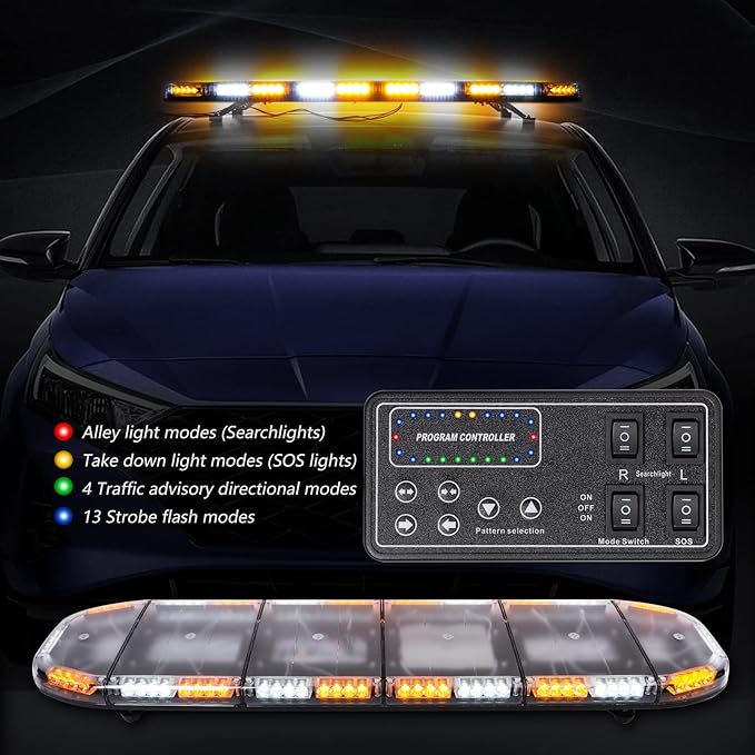 2025 Upgraded 51" Amber White Emergency Warning Security Strobe 88 LEDs Hazard Flash Light Bar for Truck Tow Lights Bar Construction Vehicle Rooftop with Control Pannel High Intensity