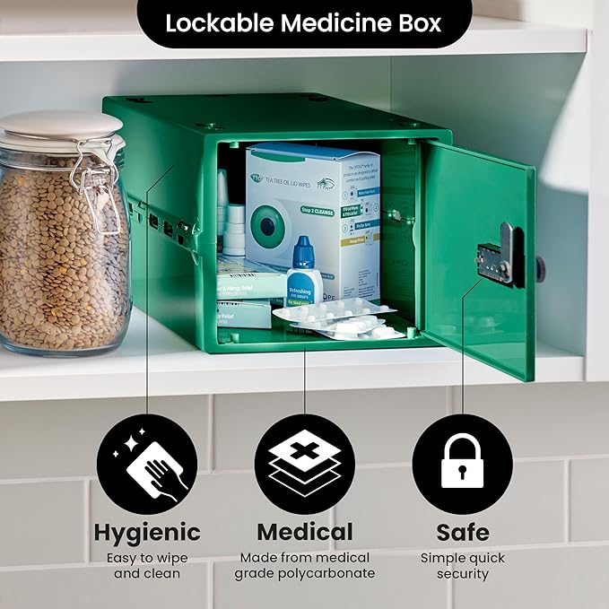 Lockabox One™ | Premium Medicine Lock Box | Medium Medication Lock Box With Code For Medicines, Vitamins & Supplements | External Size 12 x 8 x 6.6 inches (Medi Green)