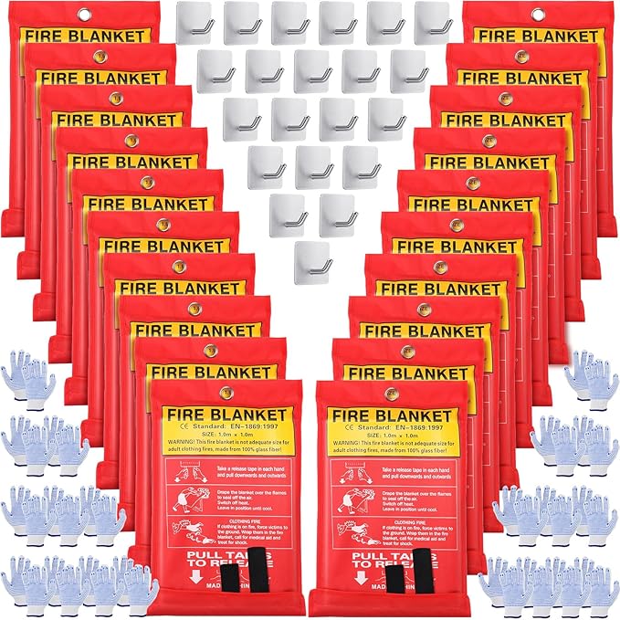 Macarrie 20 Pack Emergency Fire Blanket Bulk with Hooks and Gloves 40''x 40'' Fire Suppression Fiberglass Safety Fireproof Blanket Survival for Kitchen Home Camping Warehouse Donation Supplies
