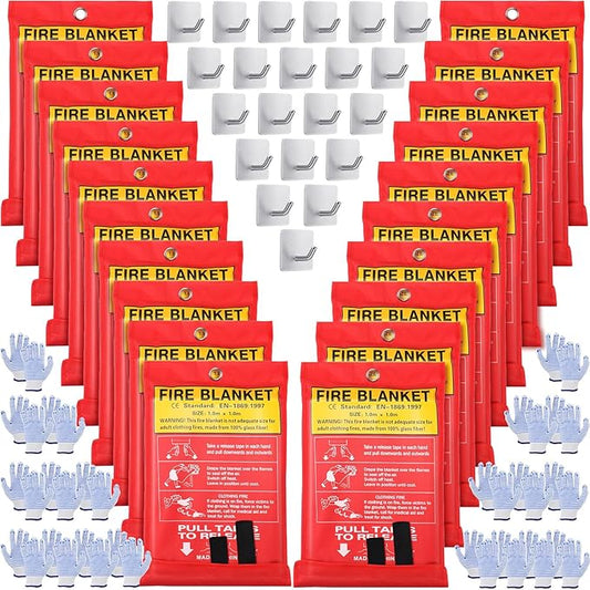 Macarrie 20 Pack Emergency Fire Blanket Bulk with Hooks and Gloves 40''x 40'' Fire Suppression Fiberglass Safety Fireproof Blanket Survival for Kitchen Home Camping Warehouse Donation Supplies