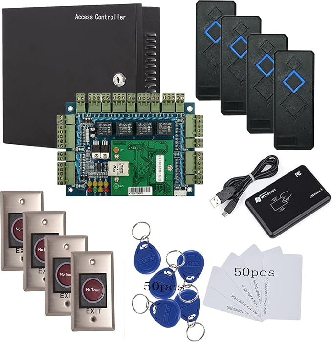 MENGQI-CONTROL Security Wiegand TCP/IP RFID 4 Doors Access Control System Kit Metal AC110-240V Power Supply Box No-Touch Exit+Weather Proof Reader