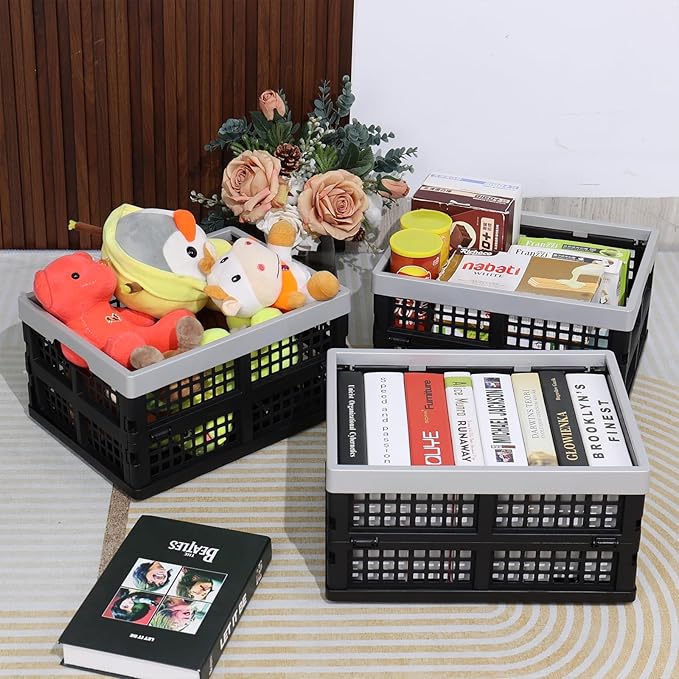 Pack of 3 Small Collapsible Storage Crates, 16 L Black Plastic Milk Crates