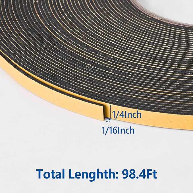 Self Adhesive Foam Tape Weatherstrip 1/4in x 1/16in x 98.4Ft High Density Foam Insulation Strips Foam Seal Weather Stripping with Strong Adhesive for Door and Window Sound Isolation Soundproofing