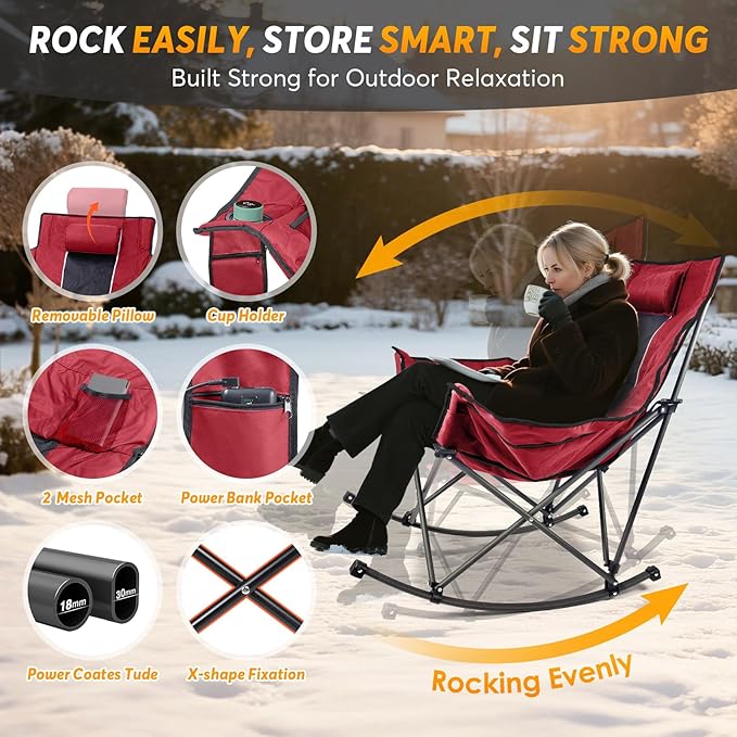 Suteck Heated Rocking Camping Chair - Oversized Heated Camping Chair W/20000mAh Power Bank & Carry Bag, Fully Padded Heated Chairs for Outdoor Sports W/3 Heat Levels for Back & Seat, Lawn Picnic Patio