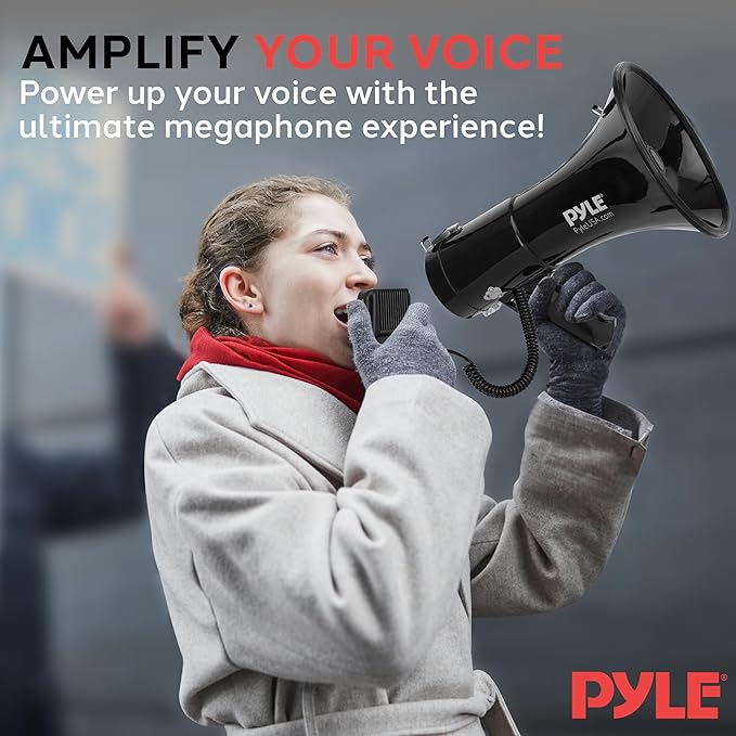 Pyle 50W Megaphone Bullhorn - Portable, Automatic Siren & Adjustable Volume, Projection Range Up to 1200 Square Yards, Aux Input, Talk, Siren, Music, Whistle, & Record, Shoulder Strap (Black)