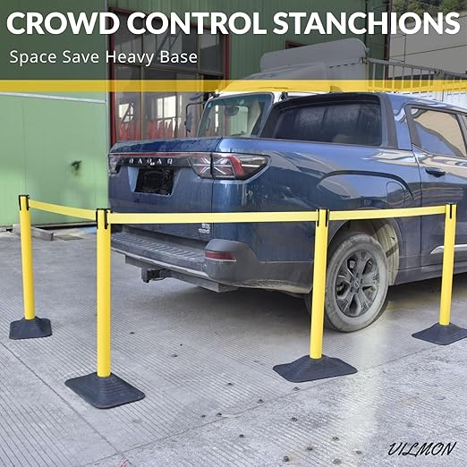 4-Pack 36" Yellow Crowd Control Stanchions, Heavy-Duty Rubber Rectangular Base with Space-Saving Design, 10ft Retractable Belt, Perfect for Indoor & Outdoor Safety Barriers