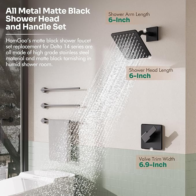 Replacement for Delta Faucet Shower Trim Kit 14 Series, Bathroom Shower Faucet Set with 6-Inch Matte Black Shower Head（Valve/Cartridge Not Included）