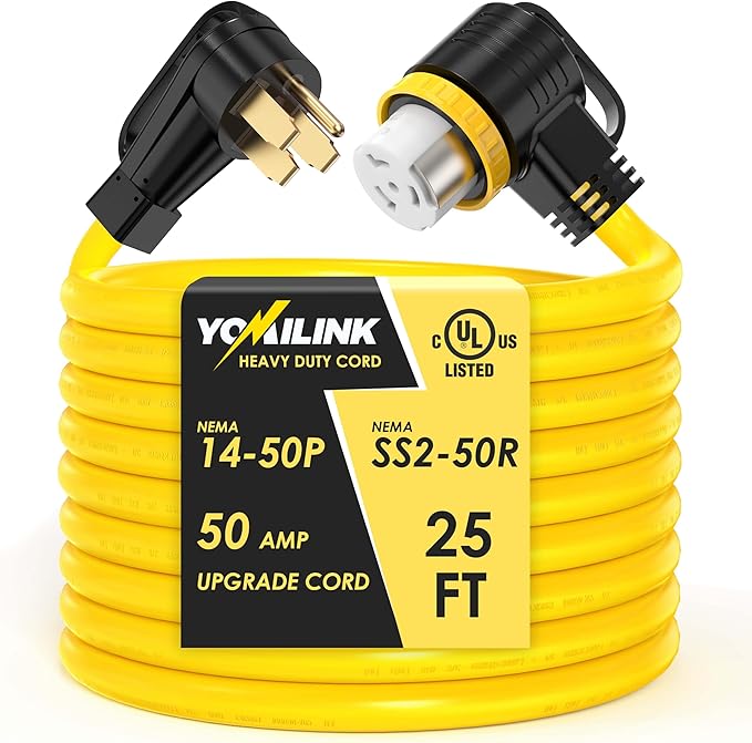 25 Feet 50 Amp RV/Generator Cord, UL Listed, 100% Copper Wire, NEMA 14-50P to SS2-50R Twist Lock, Newly Designed 90°Grip Handle, 6/3+8/1 Gauge STW Wire