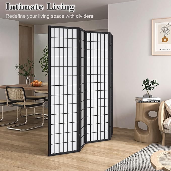 WelFurGeer 4 Panel Shoji Screen Room Divider, Folding Privacy Screens, Room Partitions and Dividers, Decorative Room Dividers, Wall Dividers for Room Separation, Japanese Room Divider for Home (Black)