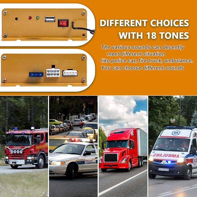 Alarm Horn Siren 12V 200W Car PA System Slim Speaker Sirens [18 Tones] [120-130dB][Wireless Mic] CXRCY Emergency Warning Siren for Vehicles Tow Truck UTV ATV Van Car POV RV