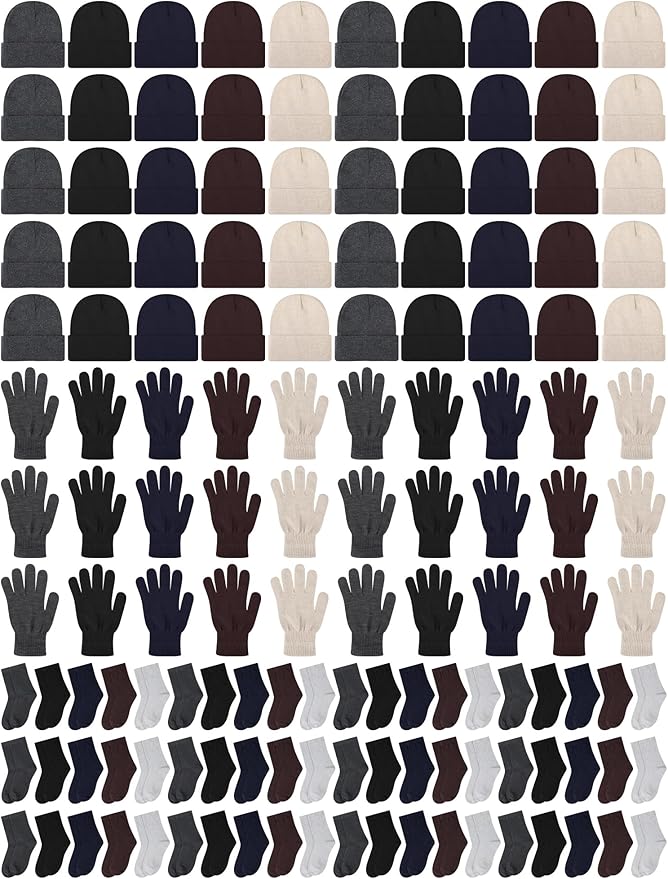 Suhine 150 Pcs Bulk Homeless Supplies Winter Beanies Gloves Socks Set Warm Care Package Homeless Kits for Cold Weather Items