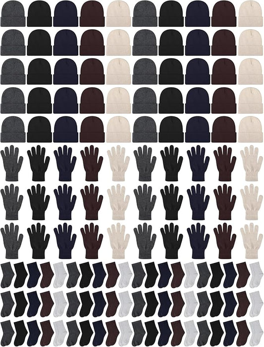 Suhine 150 Pcs Bulk Homeless Supplies Winter Beanies Gloves Socks Set Warm Care Package Homeless Kits for Cold Weather Items