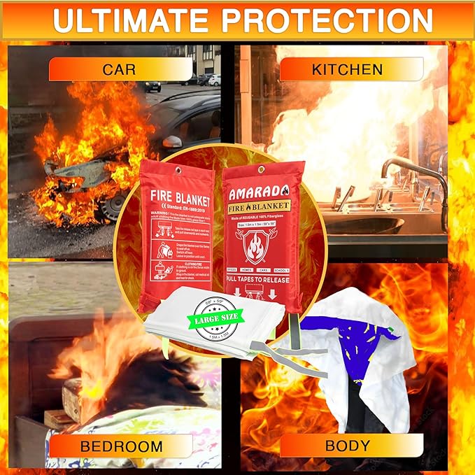 | 4 Pack Emergency Fire Blanket | Large Size 59"x 59" | Ideal for Kitchen, Schools, Offices, Cars, Camping, BBQ, Outdoor Activities