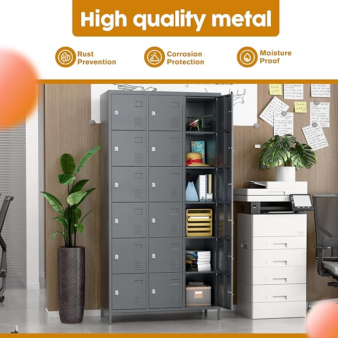 Metal Lockers for Employees, Locker Storage Cabinet with 18 Doors for Office Gym School Bedroom, Assembly Required, Dark Grey,18 Doors