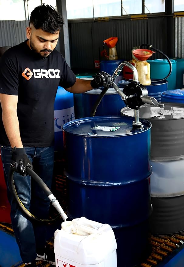 Groz 44081 Fuel Transfer Pump, Rotary Hand Pump with Suction Tube, 8' Discharge Hose for Oil, Diesel