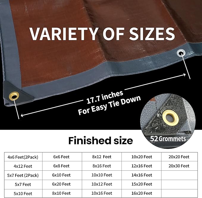 TARPAL tarp 20x20 Feet Super Heavy Duty Tarps Cover 20mil Waterproof UV Protection Rip and Tear Proof Tarpaulin with Grommets(Grey/Brown)