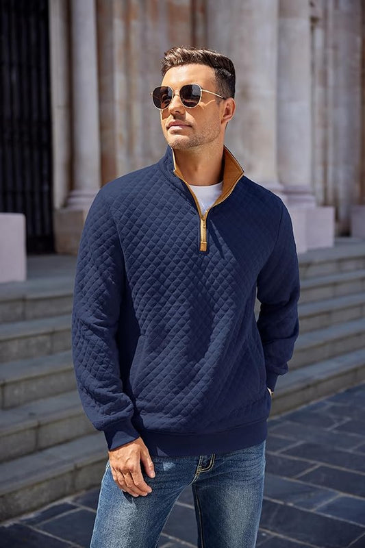 COOFANDY Mens Quarter Zip Pullover Quilted Sweatshirt Knit Long Sleeve Mock Neck Sweater Polo with Pocket