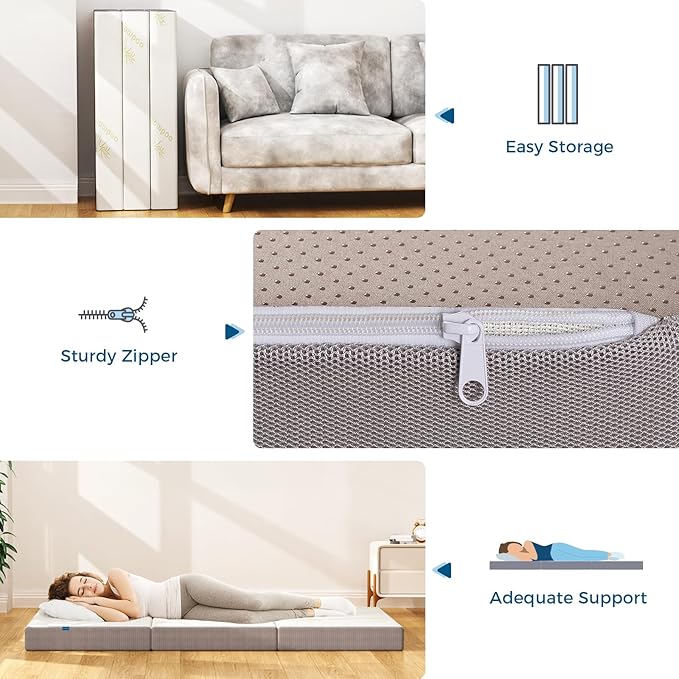 Inofia 6 Inch Folding Mattress, Memory Foam Tri-fold Mattress with Removable Cover, Foldable Floor Bed, Medium Firm, Full Size (75" x 54" x 6")