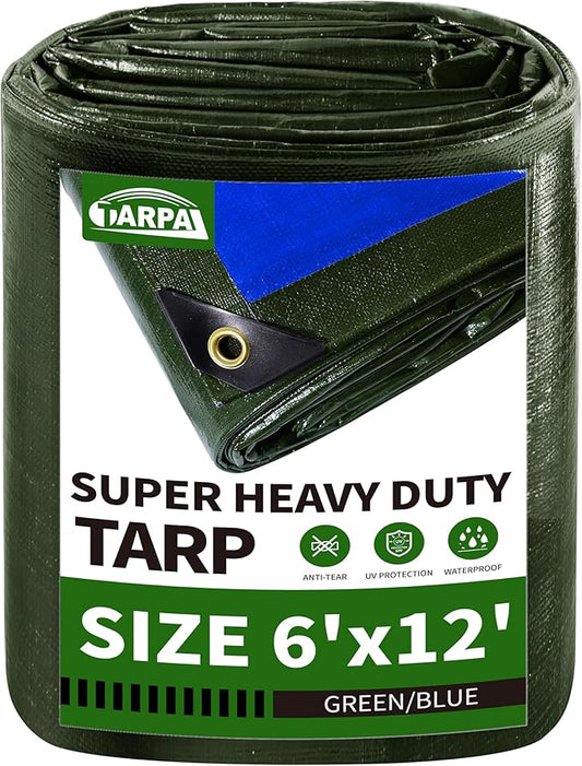 TARPAL Tarps 6x12 Ft Large Tarp 16mil Heavy Duty Tarp with Metal Grommets Every 17.7" UV&Tear Resistant All-Weather Protection Cover for Firewood, Roof, Pool & Outdoor Furniture (Green/Blue)